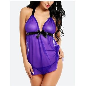 AIVELAYS purple see through Sexy Lingerie for Women Babydoll Chemise mesh 2pc-L